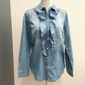 NWT-Chambray Ruffle Button Down LS Blouse
